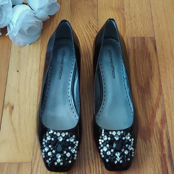 Adrienne Vittadini Palm Beach Black Patent Wedges w/ Rhinestone Details Size 6 - Picture 1 of 16